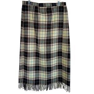 Evan Picone Blanket Wrap Maxi Skirt Green Plaid Wool-blend Fringed Lined Size 16